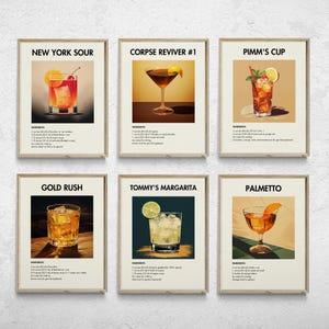 Juego de 6 carteles de cócteles imprimibles, arte mural de cócteles clásicos, impresión de cócteles retro, impresiones minimalistas de alcohol, arte de carrito de bar, impresiones de bar
