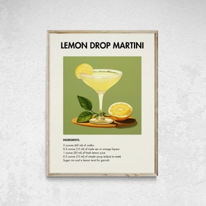 Lemon Drop Martini Cocktail Print, Klassische Cocktail Wandkunst, Cocktail Kunstdruck, Minimalistische Alkohol Drucke, Bar Warenkorb Dekor, Home Bar Art