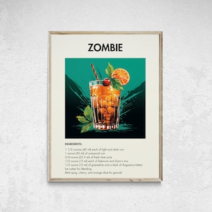 Impresión de cóctel de zombi, impresión de cóctel retro, póster de cóctel de zombi, arte de pared de cóctel, impresiones minimalistas de alcohol, decoración de carrito de bar, arte de bar