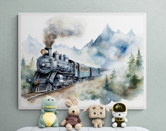 Watercolor Steam Train Print, Vintage Locomotive Poster (Digital Download)