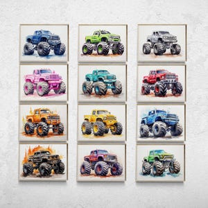 Printable Monster Trucks, Set of 12, Car Poster, Automotive Wall Art, Vehicle Prints, Boys Room Wall Art, Kids Room Decor, Watercolor Art