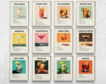 Set of 12 Cocktail Prints, Classic Cocktail Wall Art, Minimalist Alcohol Prints, Bar Cart Decor, Retro Cocktail Print, Bar Cart Wall Art