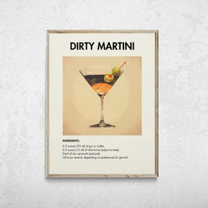 Impresión de cóctel retro Dirty Martini, póster de cóctel, cócteles clásicos minimalistas, impresiones de bar, impresión de alcohol, descarga digital, arte de carrito de bar
