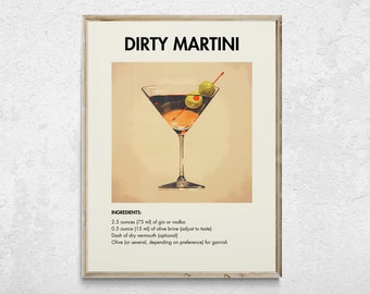 May include: A vintage-style poster with a recipe for a Dirty Martini. The poster features a martini glass with two green olives and a red cocktail stick. The text on the poster reads "Dirty Martini" and includes the ingredients: 2.5 ounces (75 ml) of gin or vodka, 0.5 ounce (15 ml) of olive brine (adjust to taste), dash of dry vermouth (optional), and olive (or several, depending on preference) for garnish.