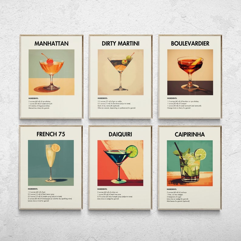 Gallery Wall Set of 24, Retro Cocktail Prints, Cocktail Wall Art, Minimalist Wall Art, Bar Cart Prints, Alcohol Prints, Trendy Wall Art