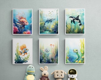 Ocean Animal Nursery Prints, Watercolor Sea Life Art (Set of 6) (Digital Download)