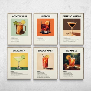 Juego de 6 impresiones de cócteles, impresiones de carritos de bar, arte mural de cócteles clásicos, impresiones minimalistas de alcohol, arte mural retro, arte mural minimalista