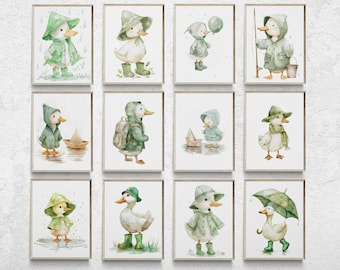 Conjunto de 12 pôsteres com tema de patinhos para decoração de quarto infantil em verde sálvia (download digital)