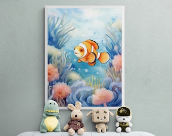 Watercolor Clownfish Nursery Print, Tropical Ocean Art (Digital Download)