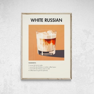 White Russian Retro Cocktail Print, Signature Cocktail, Minimalist Classic Cocktails, Bar Cart Print, Alcohol Print, Bar Cart Wall Art