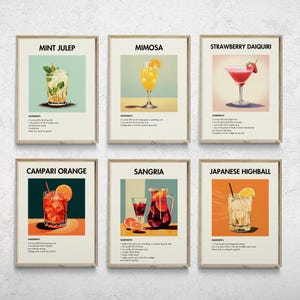 Classic Cocktail Prints, Set of 6, Bar Cart Art, Classic Cocktail Wall Art, Minimalist Alcohol Prints, Retro Wall Art, Minimalist Wall Art