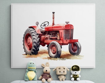Red Tractor Watercolor Print, Vintage Farmhouse Style (Digital Download)
