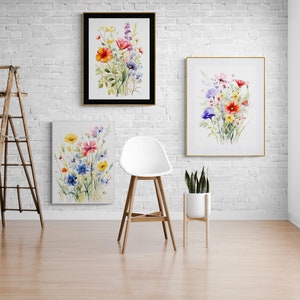 Art Set of 3 Print, Colorful Wildflower, Digital Download, Watercolor Flowers, Bright Floral Prints, Printable Flower Watercolors
