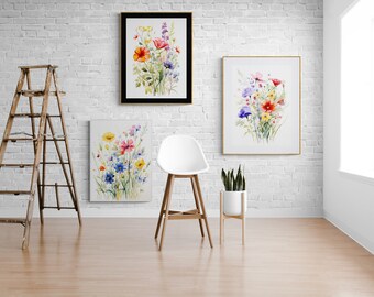 Kleurrijke wilde bloemenkunstprintset, aquarel bloemendecor (digitale download)