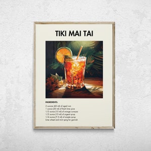 Tiki Mai Tai Retro Cocktail Print, Cocktail Wall Art, Minimalist Classic Cocktails, Bar Cart Print, Alcohol Print, Bar Cart Art, Drink Print