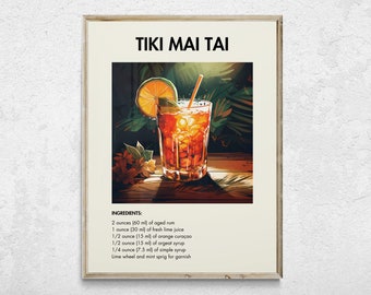 May include: A framed print featuring a Tiki Mai Tai cocktail illustration. The image shows a detailed depiction of the drink in a glass, garnished with a lime wheel and a straw. The ingredients are listed below the image.