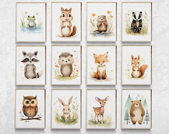 Woodland Animal Nursery Prints, Watercolor Forest Set of 12 (Digital Download)