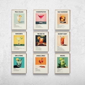 Set of 9 Cocktail Prints, Bar Cart Prints, Classic Cocktail Wall Art, Minimalist Alcohol Prints, Retro Wall Art, Minimalist Wall Art
