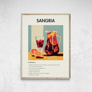 Red Wine Sangria Cocktail Printable, Retro Cocktail Print, Cocktail Wall Art, Minimalist Alcohol Prints, Bar Cart Decor, Bar Cart Wall Art