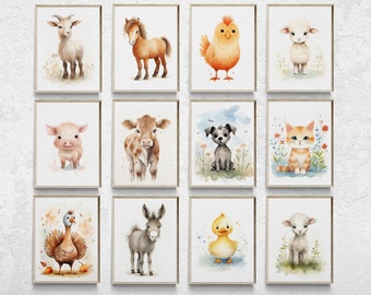 Farm Animal Watercolor Nursery Prints, Set of 12 (Digital Download)