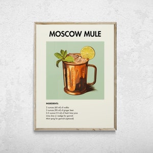 Impresión de cóctel retro Moscow Mule, cócteles clásicos minimalistas, impresiones de bar, impresión de alcohol, arte de carrito de bar, arte de pared de cócteles, póster de cócteles