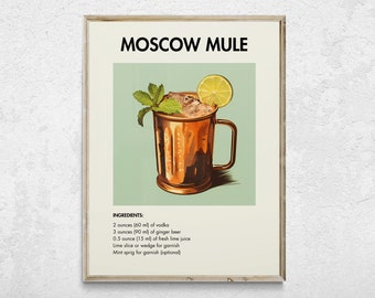 Moscow Mule Retro Cocktail Print, Minimalist Classic Cocktails, Bar Prints, Alcohol Print, Bar Cart Art, Cocktail Wall Art, Cocktail Poster