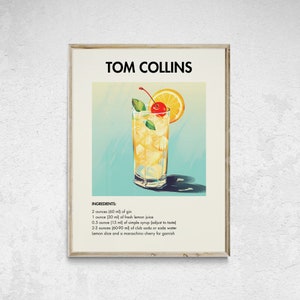 Impresión de cóctel retro de Tom Collins, cóctel exclusivo, cócteles clásicos minimalistas, impresiones de carritos de bar, impresión de alcohol, arte de pared de carritos de bar
