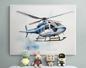 May include: A framed watercolor print of a blue and white helicopter against a light blue and white background. Below the framed print are four stuffed animal toys: a green dinosaur, a brown bunny, a tan dog, and a yellow and black bear.
