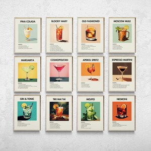 Gallery Wall Set of 24, Retro Cocktail Prints, Cocktail Wall Art, Minimalist Wall Art, Bar Cart Prints, Alcohol Prints, Trendy Wall Art