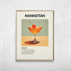 Impresión de cócteles de Manhattan, impresión artística de cócteles, arte mural de cócteles clásicos, impresiones minimalistas de bebidas alcohólicas, decoración de carritos de bar, arte de carritos de bar, impresiones de bares