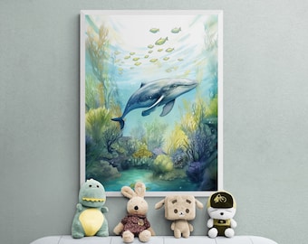 Watercolor Humpback Whale Print, Ocean Nursery Art (Digital Download)