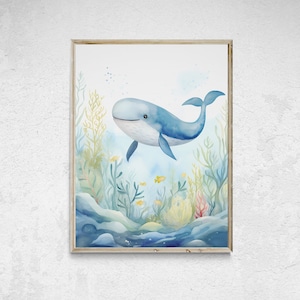 Impresión de ballena azul, vivero temático del océano, vivero náutico, arte de la ballena jorobada, arte de la ballena bebé, decoración del baño de ballenas, arte de la pared del océano