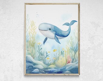 Blue Whale Nursery Art Print, Ocean Theme (Digital Download)