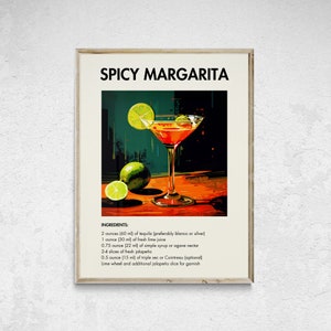 Spicy Margarita Cocktail Print, Retro Cocktail Print, Classic Cocktail Wall Art, Minimalist Alcohol Print, Bar Cart Decor, Bar Cart Wall Art
