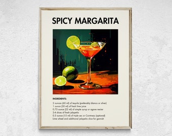 Spicy Margarita Cocktail Print, Retro Cocktail Print, Classic Cocktail Wall Art, Minimalist Alcohol Print, Bar Cart Decor, Bar Cart Wall Art