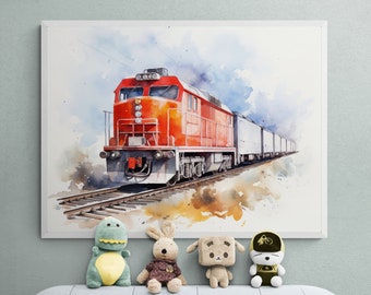 Freight Train Watercolor Print, Transportation Nursery Decor (Digital Download)