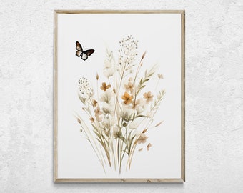 May include: A framed watercolor print of a bouquet of white and brown wildflowers with a single butterfly flying above them.