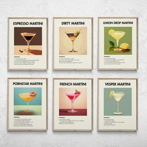 6er-Set Martini-Prints, druckbare Cocktail Poster, Martini-Cocktail-Wandkunst, Retro Martini-Druck, minimalistische Alkoholdrucke, Barwagen-Kunst