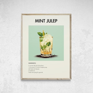 Mint Julep Printable, Mint Julep Cocktail Poster, Mint Cocktail Print, Cocktail Wall Art, Wall Decor Cocktails, Bar Cart Art, Cocktail Decor