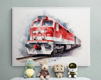 Impresión de tren de carga, pintura de acuarela, impresión de tren, cartel de tren, decoración de transporte, decoración de habitación para niños, impresión de vehículo de decoración de guardería de viaje