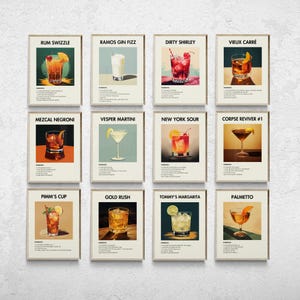 Set of 12 Bar Prints, Printable Cocktail Posters, Classic Cocktail Wall Art, Retro Cocktail Print, Minimalist Alcohol Prints, Bar Cart Art