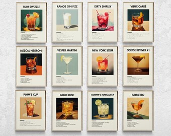 Cocktail Recipe Prints, Retro Bar Cart Art (Set of 12) (Digital Download)