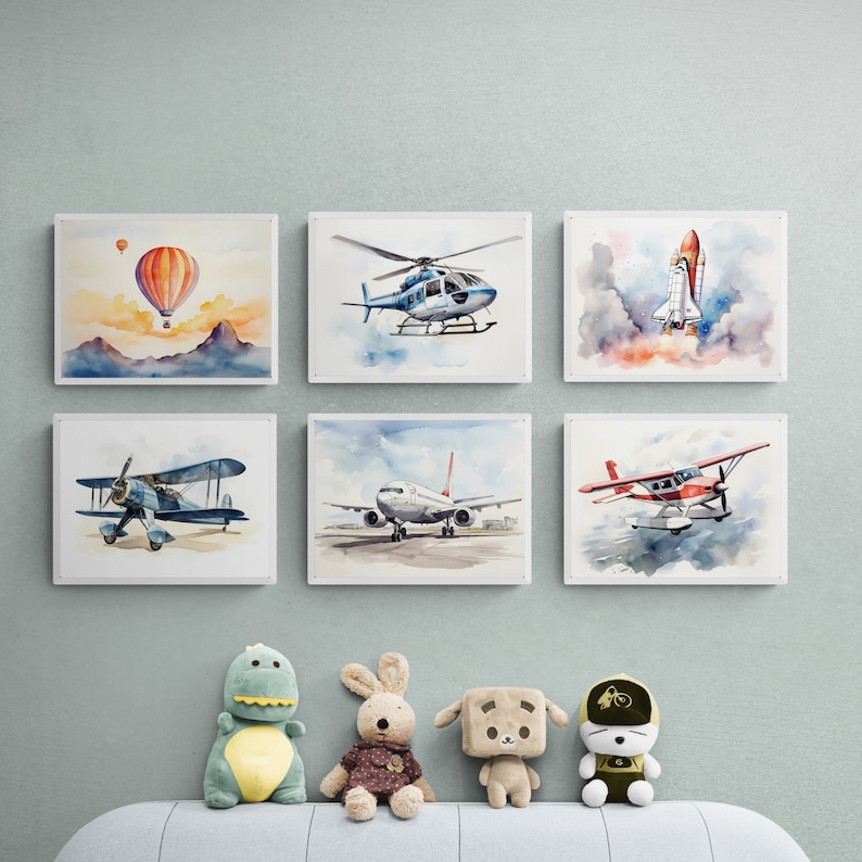 Set of 6 Aviation Prints, Printable Aircraft, Toddler Playroom Poster, Boys Room Wall Art, Airplane Nursery, Watercolor Airplane Prints