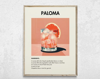 May include: A Paloma cocktail recipe with a glass of ice and grapefruit soda, tequila, and a grapefruit slice garnish. The recipe includes 2 ounces of tequila, 3 ounces of grapefruit soda, 0.5 ounce of lime juice, a pinch of salt, and a grapefruit slice or twist for garnish.