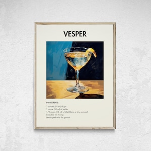 Vesper Cocktail Print, Vesper Poster, Retro Cocktail Print, Cocktail Printable, Classic Cocktails, Bar Cart Decor, Bar Prints, Bar Cart Art