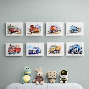 Set of 8 Vehicle Prints, Transportation Theme Nursery, Boy Room Decor, Kid Room Wall Art, Truck Wall Art, Nursery Truck Prints, Train Prints