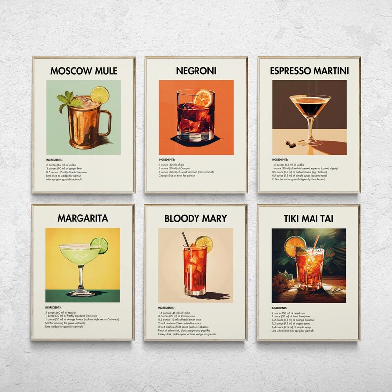 Gallery Wall Set of 24, Retro Cocktail Prints, Cocktail Wall Art, Minimalist Wall Art, Bar Cart Prints, Alcohol Prints, Trendy Wall Art