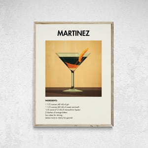 Cóctel Martínez imprimible, impresión minimalista de alcohol, póster de cóctel Martínez, arte mural de cócteles, decoración de pared de cócteles, decoración de carrito de bar