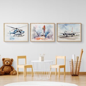 Set of 3 Watercolor Aviation Prints, Aircraft Wall Art, Plane Printable, Aviation Print, Game Room Decor, Nursery Art Printable, Toddler Boy