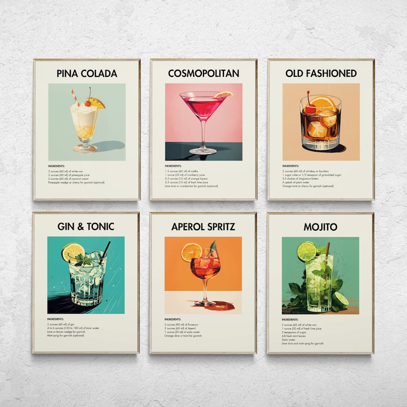 Gallery Wall Set of 24, Retro Cocktail Prints, Cocktail Wall Art, Minimalist Wall Art, Bar Cart Prints, Alcohol Prints, Trendy Wall Art
